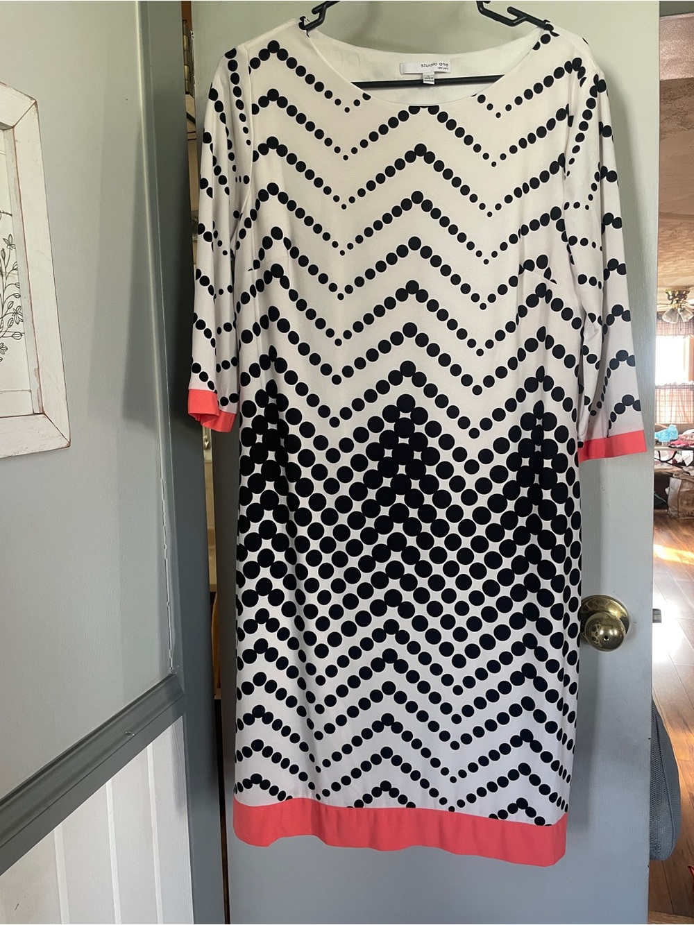 Studio One Black & White Polka Chevron Midi Dress with Coral Trim - Women size L